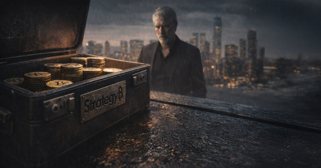 Strategy leans on STRC to accelerate Bitcoin buying in 2026 Bitcoin mining scene with a large BTC embedded in rock and industrial rigs in the background, symbolizing Strategy accumulating 66,231 Bitcoin in 68 days as STRC quietly funds the buying surge