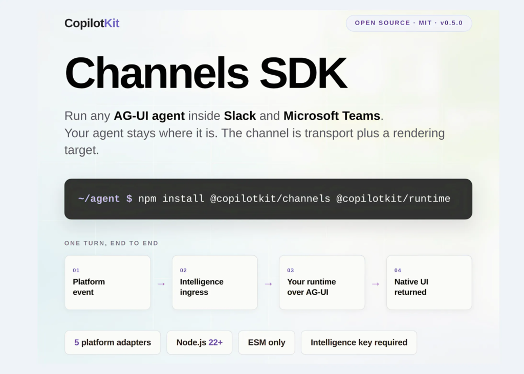 CopilotKit Open Sources Channels SDK: An MIT Licensed Library That Runs Any AG-UI Agent Inside Slack And Microsoft Teams CopilotKit Open Sources Channels SDK: An MIT Licensed Library That Runs Any AG-UI Agent Inside Slack And Microsoft Teams
