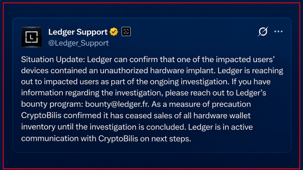 Ledger Confirms Hidden Hardware Implant in Affected User’s Wallet Ledger Confirms Hidden Hardware Implant in Affected User's Wallet