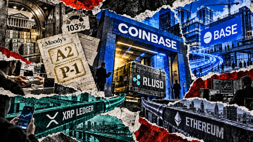 RLUSD enters Coinbase and Base through XRP Ledger and Ethereum rails, backed by reserves and Moody’s A2 and P-1 ratings.